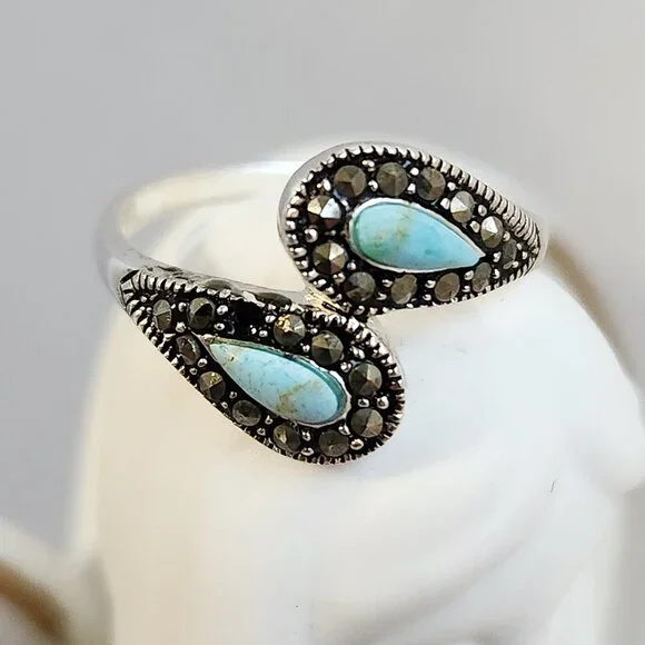 1990's Signed 925 Silver Classic Turquoise & Marcasite Ring Size 7 - Picture 6 of 12